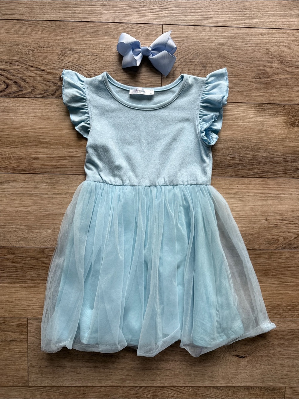 Girls Light Blue Tulle Flutter-Sleeve Dress with Bow (DIY Wendy costume)
